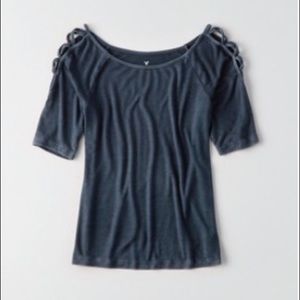 American Eagle Navy Top with Cut-out Sleeve